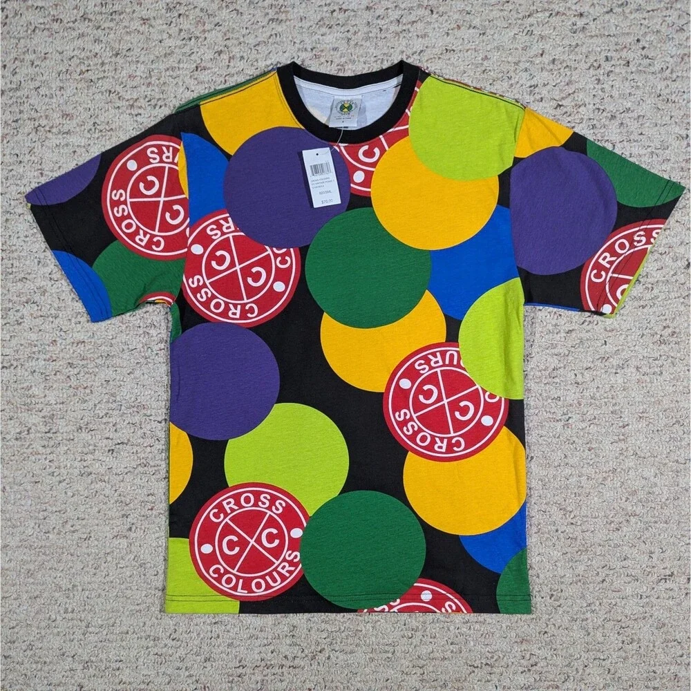 Cross Colours T-Shirt Mens SMALL Posse Circles Polka Dot Streetwear Hip-Hop Tee
